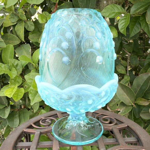 Fenton ICE BLUE Opalescent Lily Of The Valley Glass Fairy Lamp 7” EXCELLENT - Picture 1 of 8